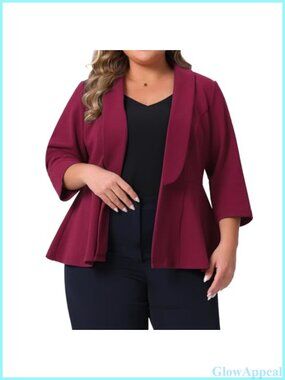 Plus Size Peplum Blazer 3/4 Sleeve Open Front Business Casual Workwear